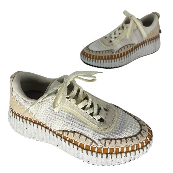 Chloe Nama Embroidered Suede And Recycled Mesh Sneakers in Soft White - Picture 6 of 15